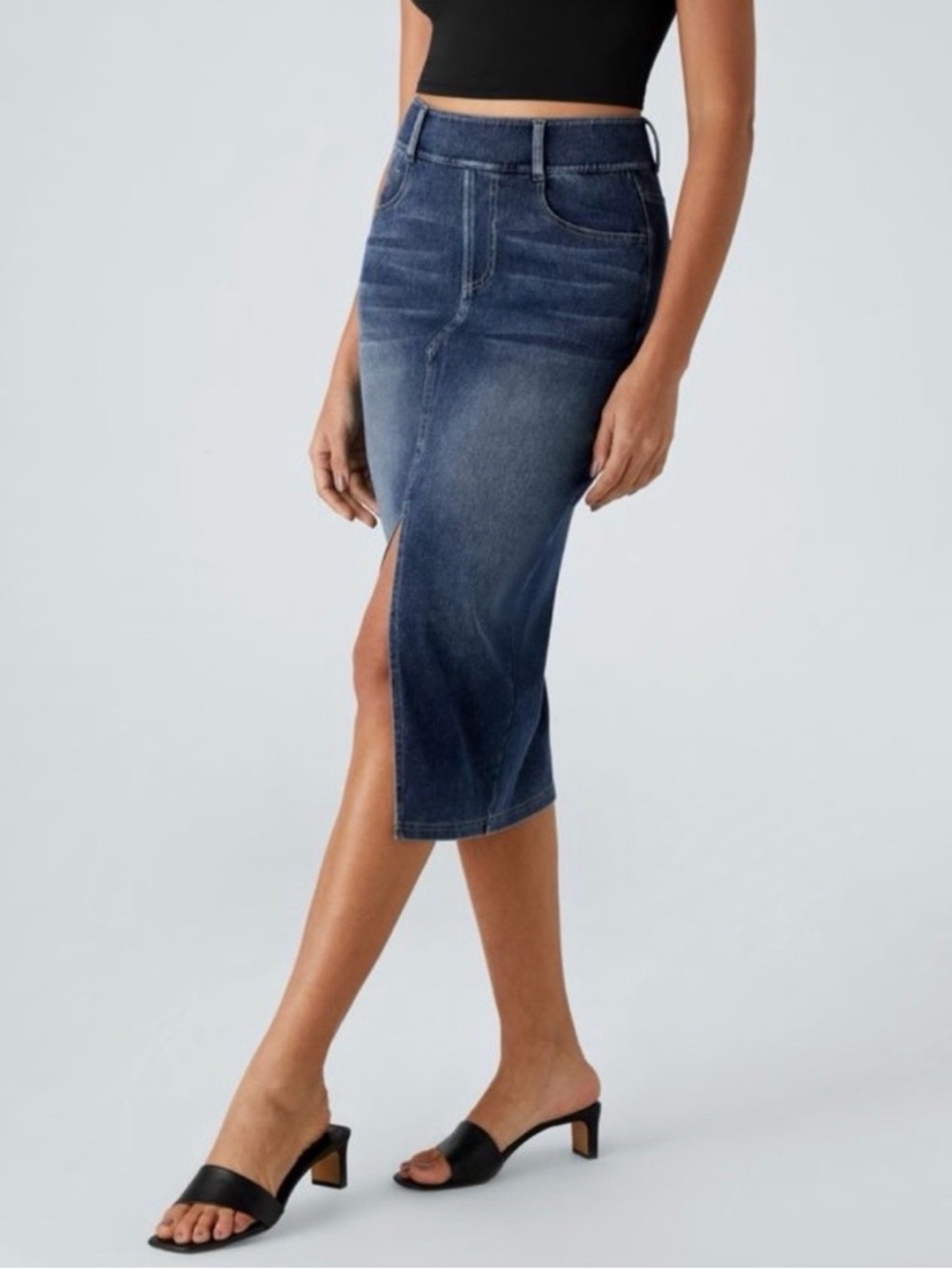 Halara Flex High Waisted Pockets Denim Casual Midi Skirt Size XS New With Tags